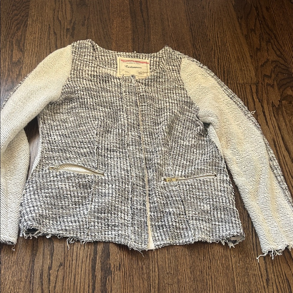 Anthropologie Cream & Gray Knit Zip-Front Sweater Jacket